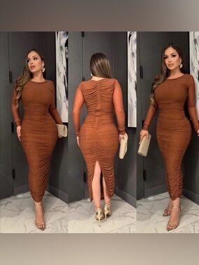 Rust Bodycon Ruched Long Sleeve Midi Dress